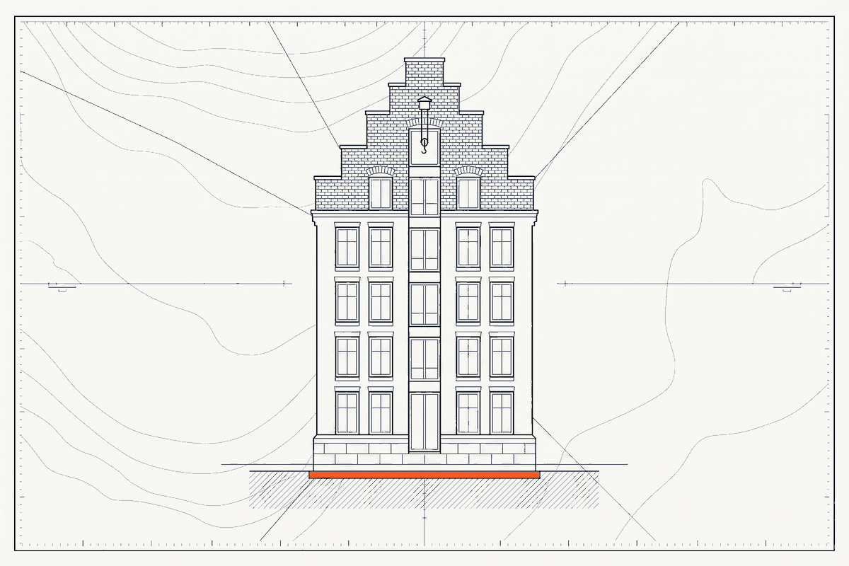 Kontorhaus mit Treppengiebel im Aufriss, ein gleichmäßiges Fensterraster über vier Geschosse, das Fundament orange markiert.