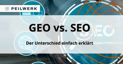 Titelbild mit Peilwerk-Logo, Radar-Peilkreis, Weltkugel- und Lupensymbolen: GEO vs. SEO – Der Unterschied einfach erklärt