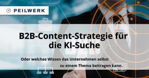 Peilwerk-Titelbild: Geschäftsmann im Anzug tippt auf ein digitales Interface mit Netzwerk-Icons und orangefarbenen Zielkreisen, Peilwerk-Logo oben links.