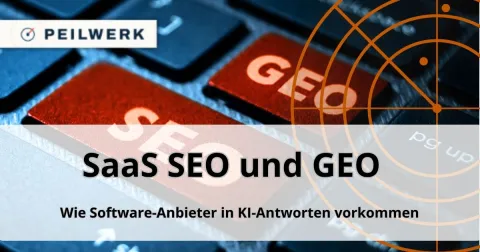 Tastatur mit den Tasten SEO und GEO und einem Radar-Motiv, dazu der Titel „SaaS SEO und GEO